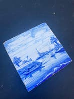 Tegel - Delfts blauwe open lucht tegel met roeiboot, kerk en