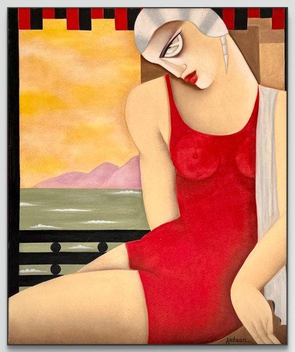 Ardoon - Grande peinture Art Déco “ La baigneuse “ xxl size, Antiek en Kunst, Curiosa en Brocante