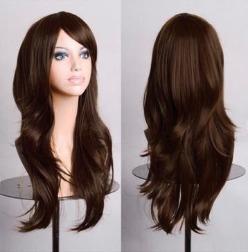 Luxe Lange Donkerbruine Pruik Lang Bruin Schuine Pony, Ophalen of Verzenden