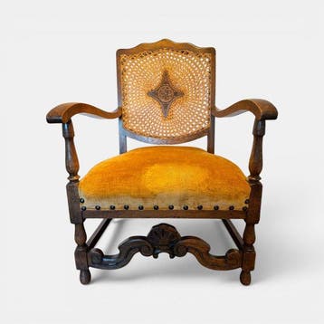 Stoel - Hout, Rattan, Fluweel - Vintage eiken armstoel