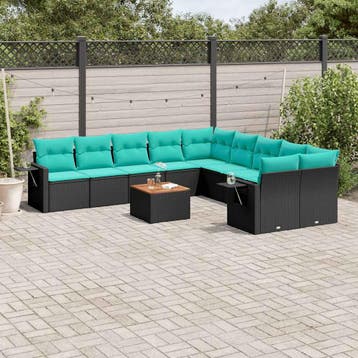 vidaXL 11-delige tuinbankset met kussens, zwart polyrotan, Verzenden, Nieuw