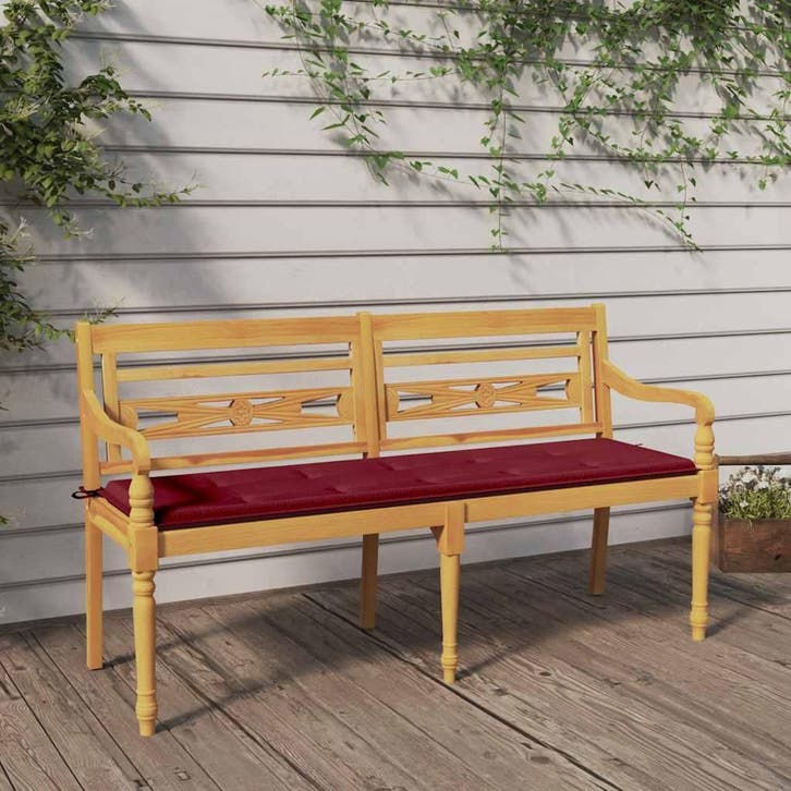 vidaXL Bankje Batavia met wijnrood kussen 150 cm massief, Tuin en Terras, Tuinsets en Loungesets, Nieuw, Verzenden