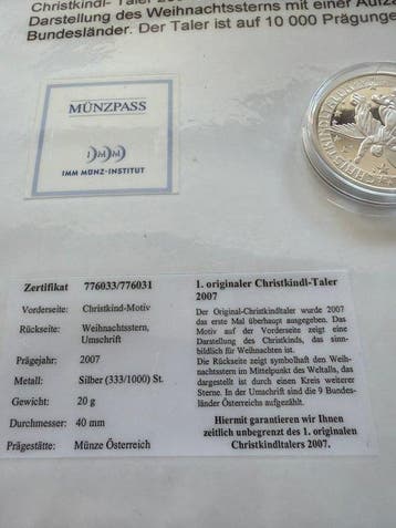 wereld. Silver medal Silbermedaille Christkindl Taler 20g