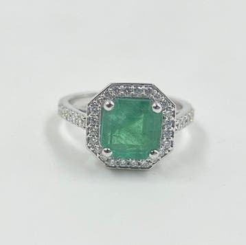 Ring - 14 karaat Witgoud - 3.39ct. tw. Smaragd - Diamant, Nieuw