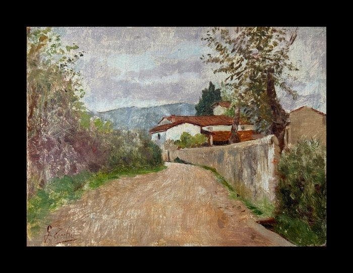 Guglielmo Zocchi (1874-1920) - Strada di campagna con case, Antiek en Kunst, Kunst | Schilderijen | Klassiek
