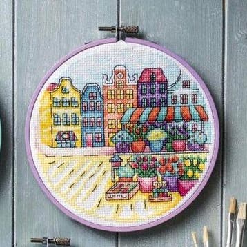 Amsterdamse Bloemenkraam Borduurset 18CT op Wit Borduurstof, Verzenden, Nieuw