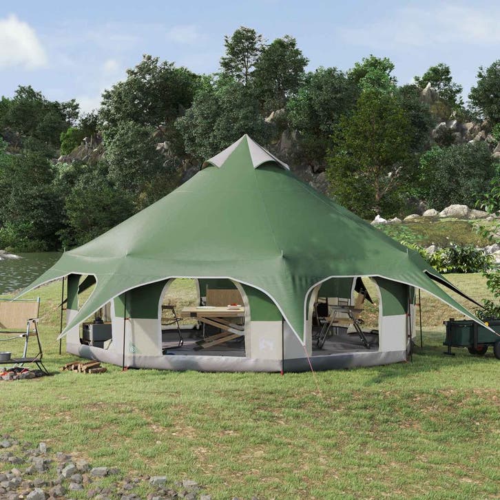 vidaXL Familietent 10-persoons Groen 185T Polyester met PU, Caravanes & Camping, Tentes, Envoi