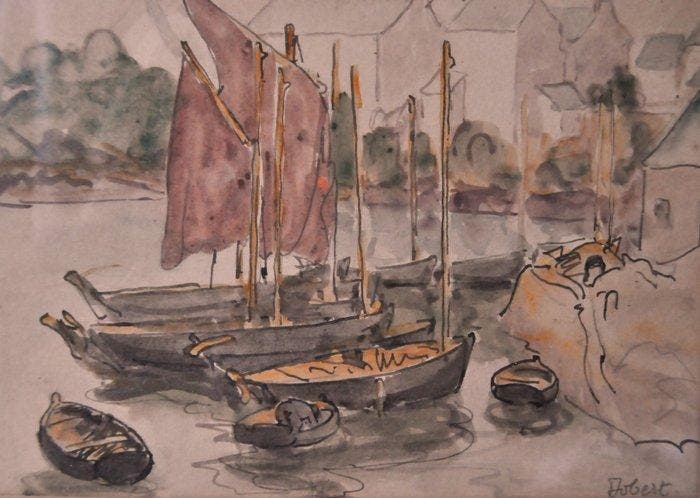 Fernand Jobert (1876-1949) - Bateaux de pêche/ port de, Antiek en Kunst, Kunst | Schilderijen | Klassiek