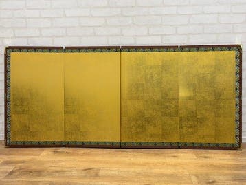 Paravent - Bois, Soie, Textile, Cuivre, feuille dor - Japon