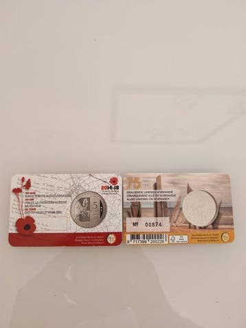 België. 5 Euro 2018/2019 WW1 + DDay (2 coincards), Postzegels en Munten