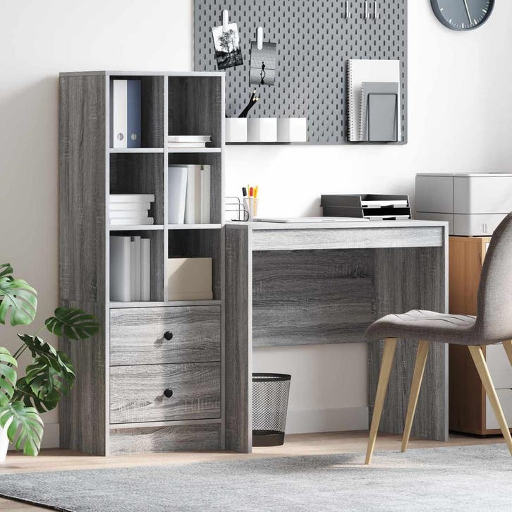 vidaXL Bureau met lade met plank met opslag 2 pcs Grijs, Huis en Inrichting, Bureaus, Nieuw, Verzenden