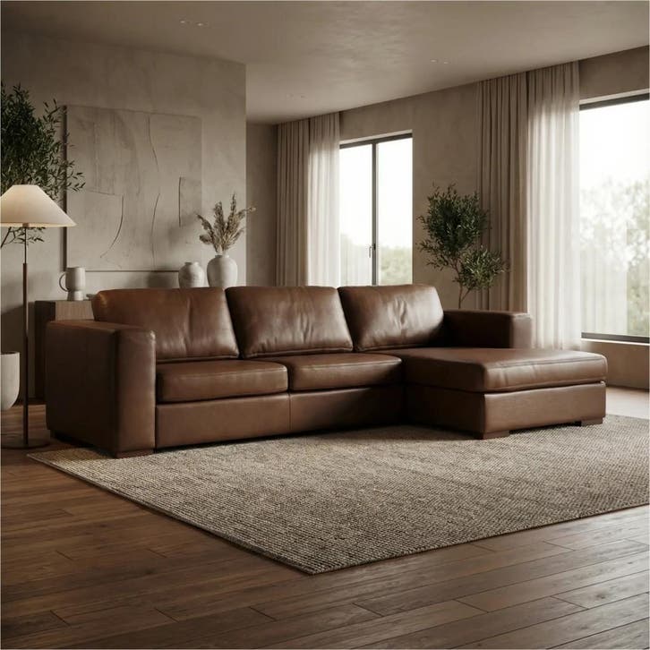 Leren hoekbank Flow - 3 zits + longchair, Huis en Inrichting, Zetels | Zetels, 300 cm of meer, 75 tot 100 cm, Nieuw, Leer, Ophalen of Verzenden