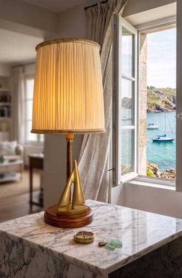 Tafellamp - klassieke scheepslamp - Messing, Hout