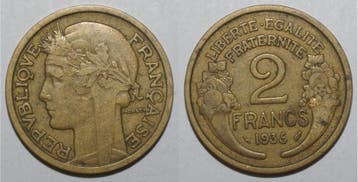 France Frankreich Km 886 2 Francs 1935 Typ Morlon, Verzenden, België