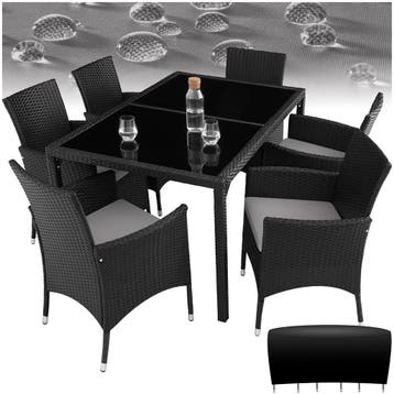 Wicker zitgroep Porto 6+1 met beschermhoes - zwart / grijs, Verzenden