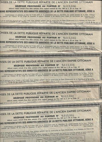 Turquie. 5 x 500 Francs 5 Historical Coupon Bonds of the