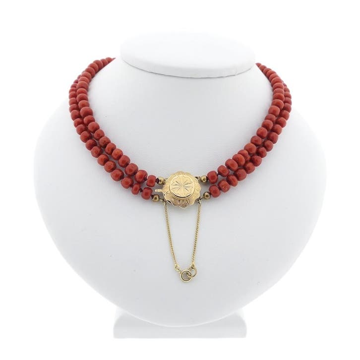 Antieke bloedkoralen kralen collier met gouden slot., Bijoux, Sacs & Beauté, Colliers, Enlèvement ou Envoi