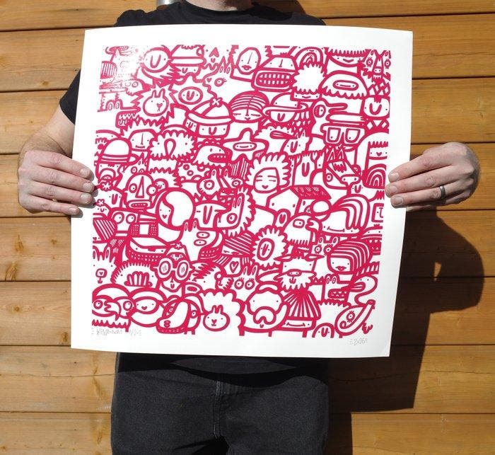 Kev Munday - Smiley Society (Red) - Textured Giclee Print -, Antiquités & Art, Art | Objets design