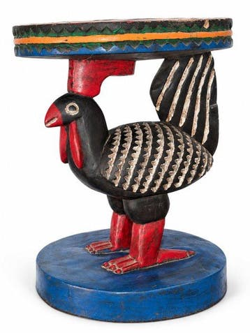 Beeldhouwde kruk Bozo – veelkleurige haan – Mali - Mali
