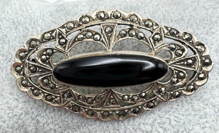 Zonder minimumprijs - Broche Zilver Onyx - Onyx, Bijoux, Sacs & Beauté, Bijoux anciens