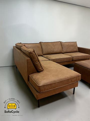 Hoekzetel cognac in microvezel met poef – tweedehands, Verzenden, Nieuw