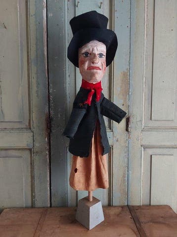 Figuur - Grote Antieke handpop / stokpop, Hout , Guignol, 65