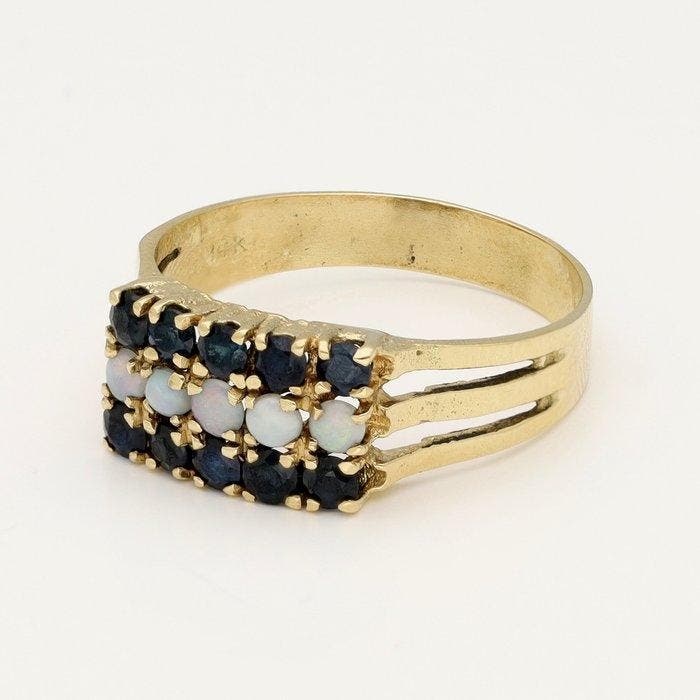 Bague - 14 carats Or jaune - Saffier - Opaal, Bijoux, Sacs & Beauté, Bagues