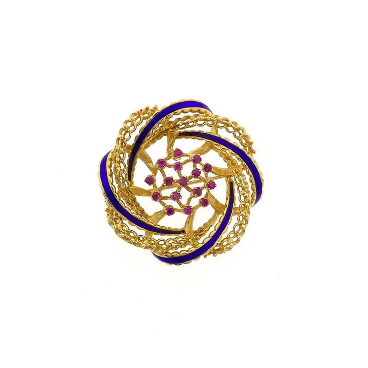 Vintage gouden broche als bloem met blauwe emaille en robijn, Handtassen en Accessoires, Broches, Goud, Gebruikt, Met edelsteen