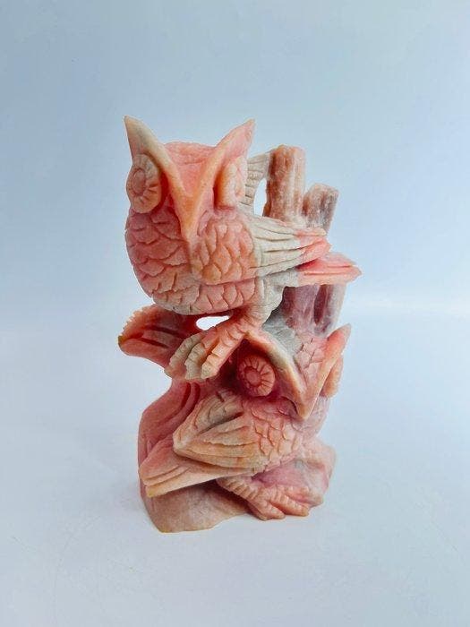 Twee Uilen in roze opaal – Natuurlijke edelsteen-sculptuur -, Verzamelen, Mineralen en Fossielen