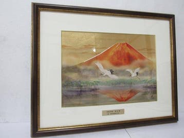 Traditional Japanese Art: Red Fuji and Two Cranes - Hokush