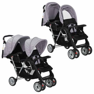 vidaXL Kinderwagen dubbel staal grijs en zwart, Kinderen en Baby's, Kinderwagens en Combinaties, Verzenden, Nieuw