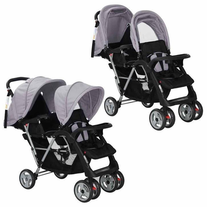 vidaXL Kinderwagen dubbel staal grijs en zwart, Enfants & Bébés, Poussettes & Combinaisons, Envoi