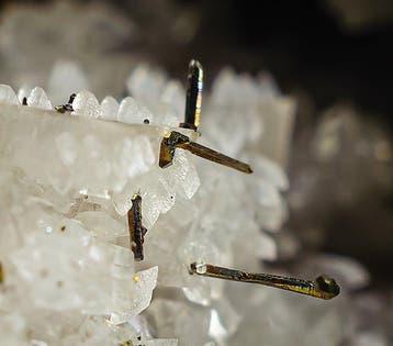 Zeldzame langgerekte naaldvormige pyrietkristallen op