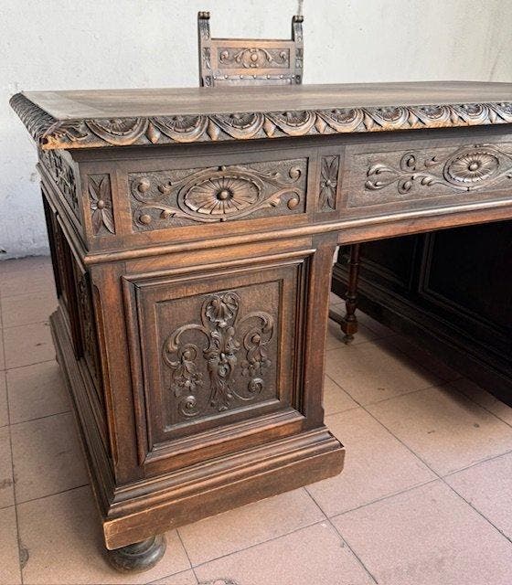 artigiato italiano - Bureauset (2) - Hout (Walnoot), Leder, Antiquités & Art, Antiquités | Autres Antiquités
