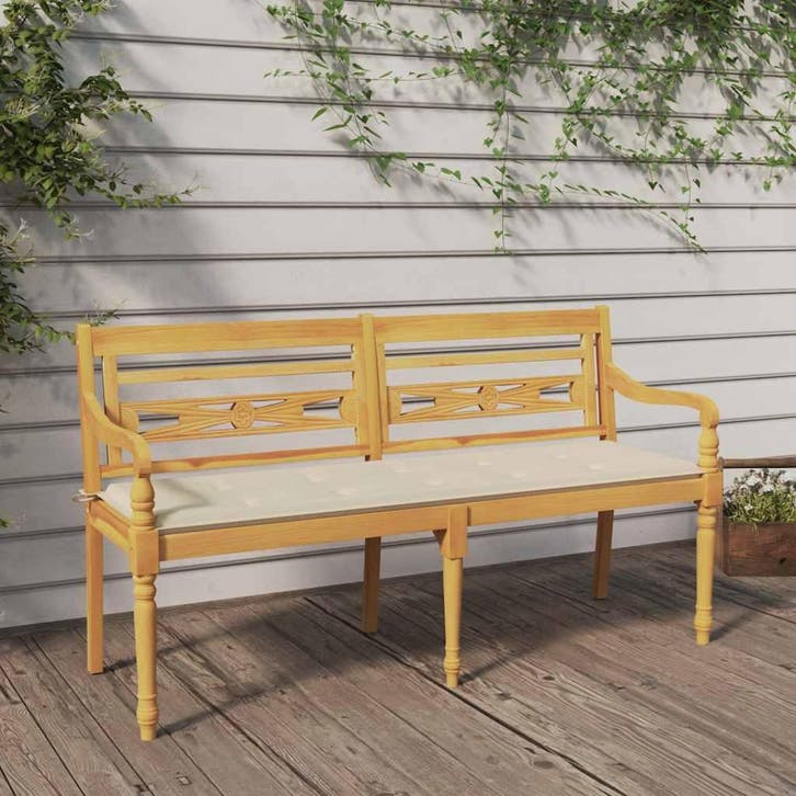 vidaXL Bankje Batavia met crèmekleurig kussen 150 cm massief, Tuin en Terras, Tuinsets en Loungesets, Nieuw, Verzenden