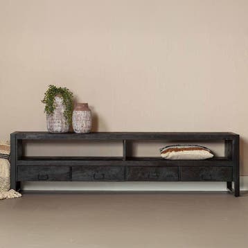 Tv-meubel Mangohout Britt 220 Zwart, Verzenden, Nieuw, Overige houtsoorten, Industriële meubels