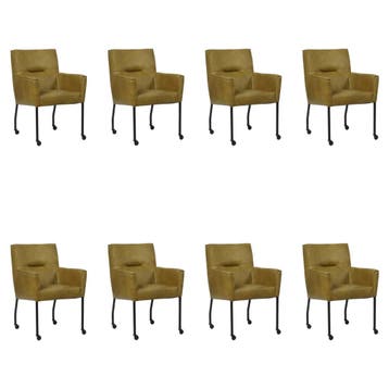 Set van 8 Leren eetkamerstoelen Lucky - Granada Olive, Ophalen of Verzenden, Nieuw, Leer, Eén