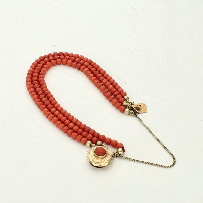 Armband - 14 karaat Geel goud - Bloedkoraal, Handtassen en Accessoires, Armbanden