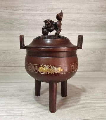 Japanse bronzen koro door Keigetsu, leeuwenknop, inleg van, Antiek en Kunst