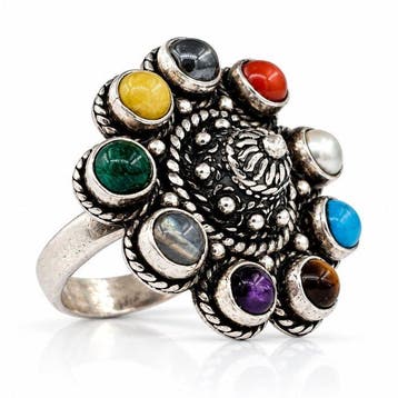 Pierres précieuses variées - Argent - Bague - Navratna