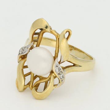 Bague - 18 carats Or jaune, Or blanc Perle - Diamant