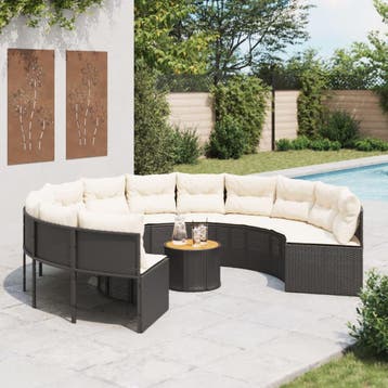 vidaXL Tuinbank met tafel en kussens rond poly rattan zwart, Verzenden, Nieuw