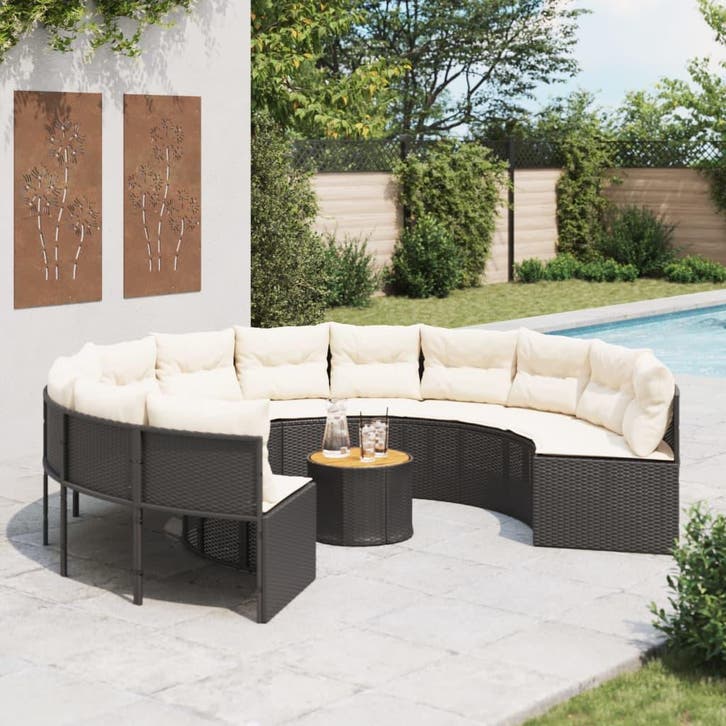 vidaXL Tuinbank met tafel en kussens rond poly rattan zwart, Tuin en Terras, Tuinsets en Loungesets, Nieuw, Verzenden