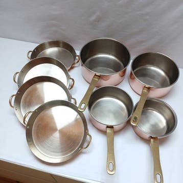 4 casseroles et 4 plats de service cuivre et acier, Antiek en Kunst