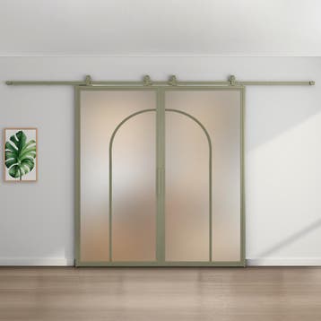 Dubbele stalen schuifdeur Olijfgroen 2 Vlaks rond Mat glas