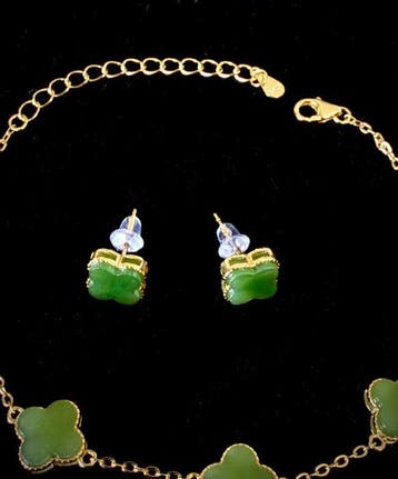 Armband en oorstekers - Nefriet Jade, Zilver - China - 21e