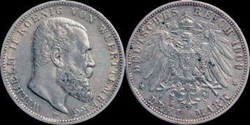 Germany Wuerttemberg Wilhelm Ii 3 mark 1909f zilver, Timbres & Monnaies, Monnaies & Billets de banque | Accessoires, Verzenden