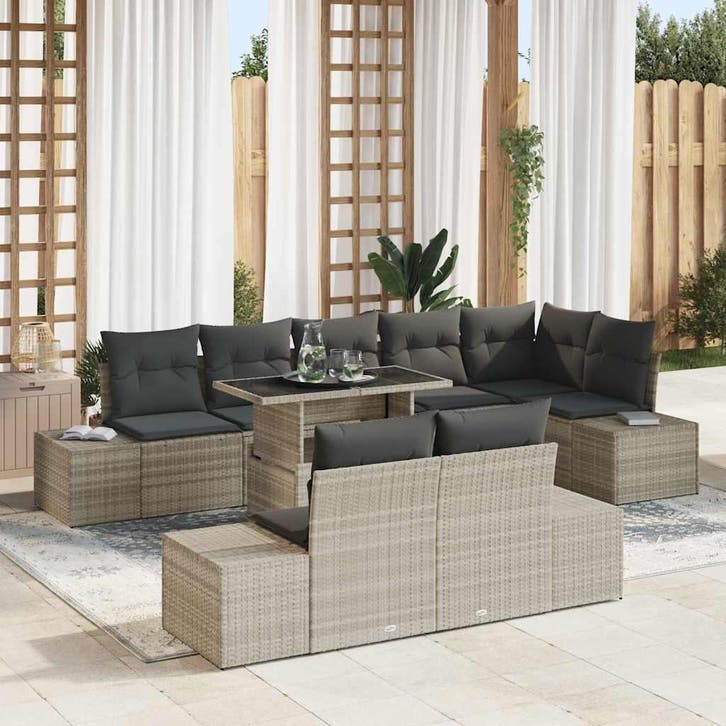 vidaXL Tuinbank Set met opslag 9 pcs Lichtgrijs Poly rattan, Tuin en Terras, Tuinsets en Loungesets, Nieuw, Verzenden