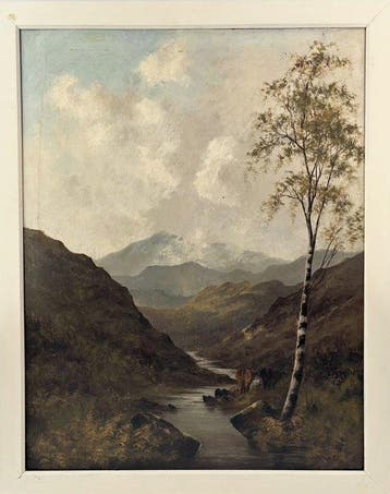 S.J.Barnes (1847-1901), Kring van - Boom aan bergmeer, Antiek en Kunst