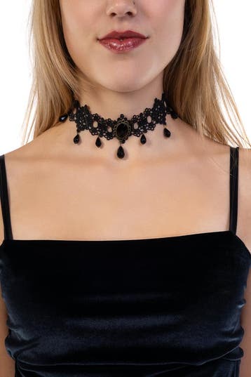 KIMU® Choker Ketting Zwart Kant Kraaltjes Steen Kanten Zwart, Ophalen of Verzenden